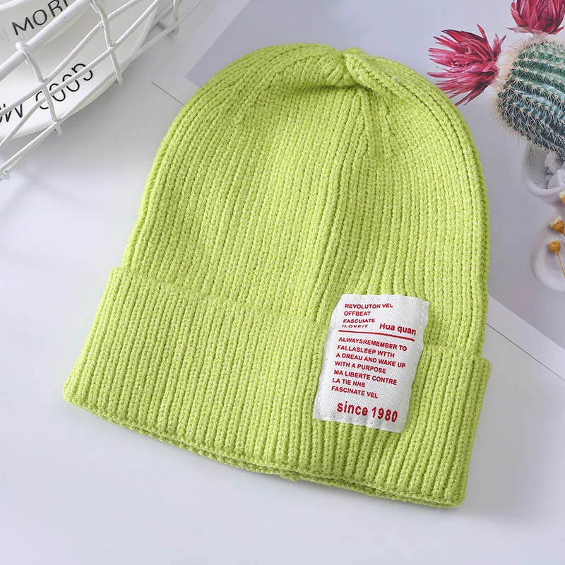 Популярные детские теплые вязаные шапки ярких цветов, шапка со смайликом, вязаная крючком мягкая эластичная шерстяная детская шапка, шапка для мальчиков и девочек, 1 шт - Цвет: Fluorescent Green