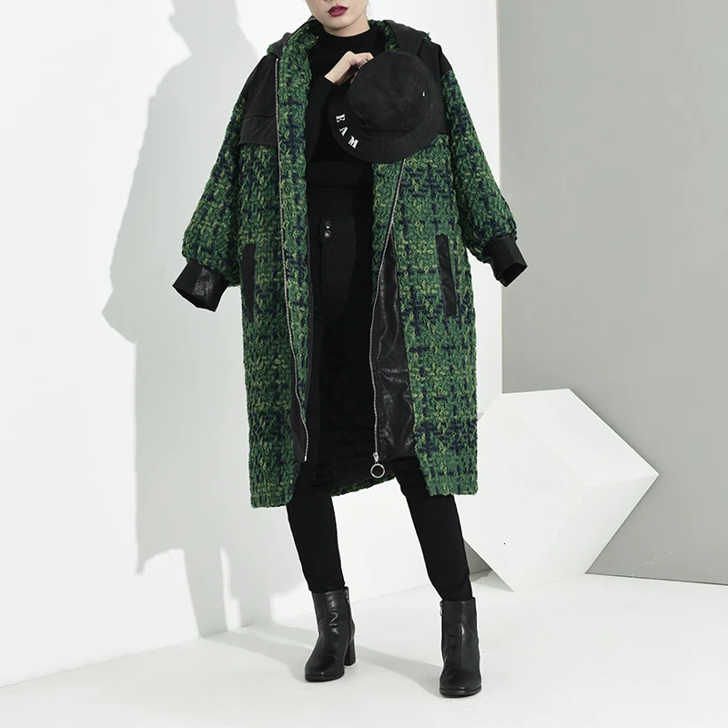 [EAM] свободное зеленое клетчатое кожаное пальто большого размера, плотное шерстяное пальто, парка, новинка, длинный рукав, женская мода, Осень-зима, A13