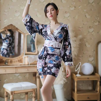 

Geisha Woman Japanese Kimono Dress Oriental Sexy Sleepwear Pajamas Hollow Sleeve Bathing Yukata Robe with Thong Panties Clothing