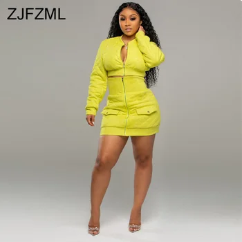 

Plus Size 2 Piece Matching Set Women Fall Winter Clothes Zipper Up Long Sleeve Crop Top And High Waist Mini Skirt Club Outfits