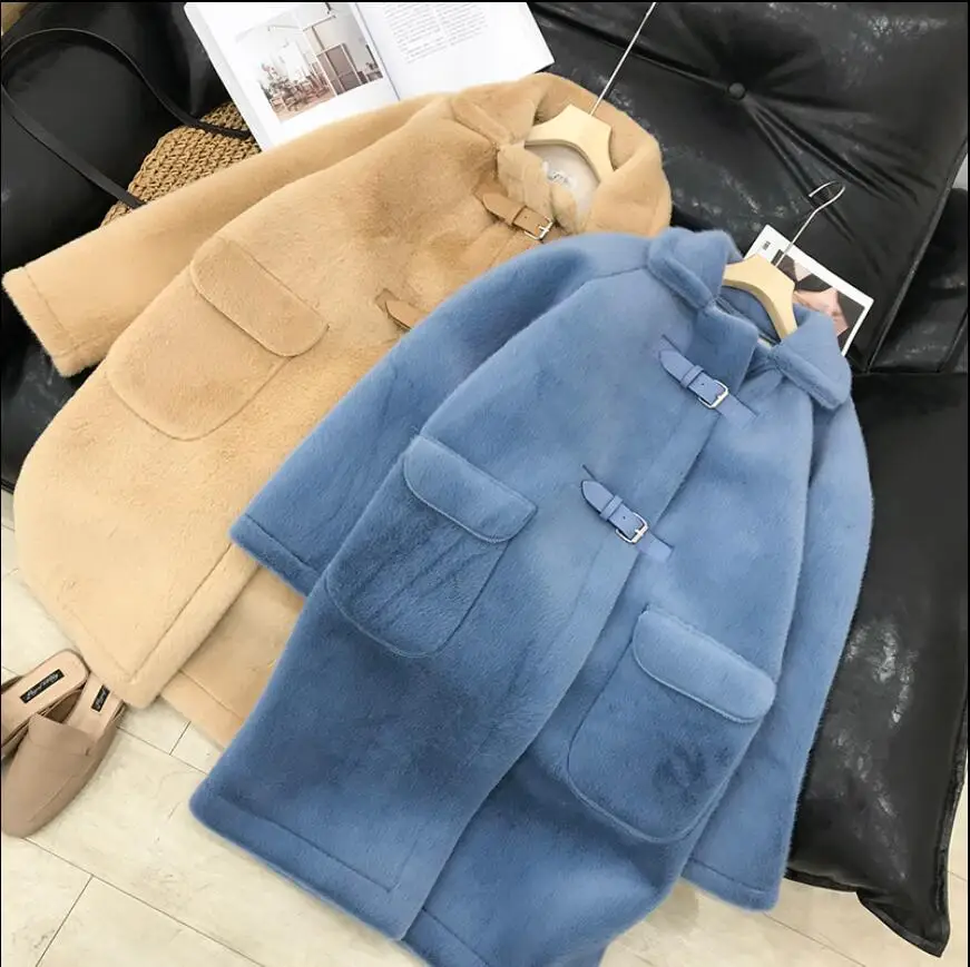 New Fashion Autumn and Winter Imitation Mink Hair Midi Long Coat Woman Solid Color Cashmere Jacket Loose Warm Overcoats | Женская одежда