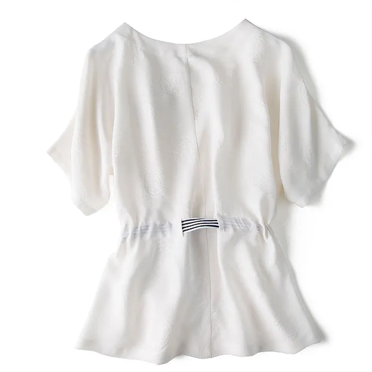 New white jacquard three-dimensional waistband Bat Sleeve Silk T-shirt