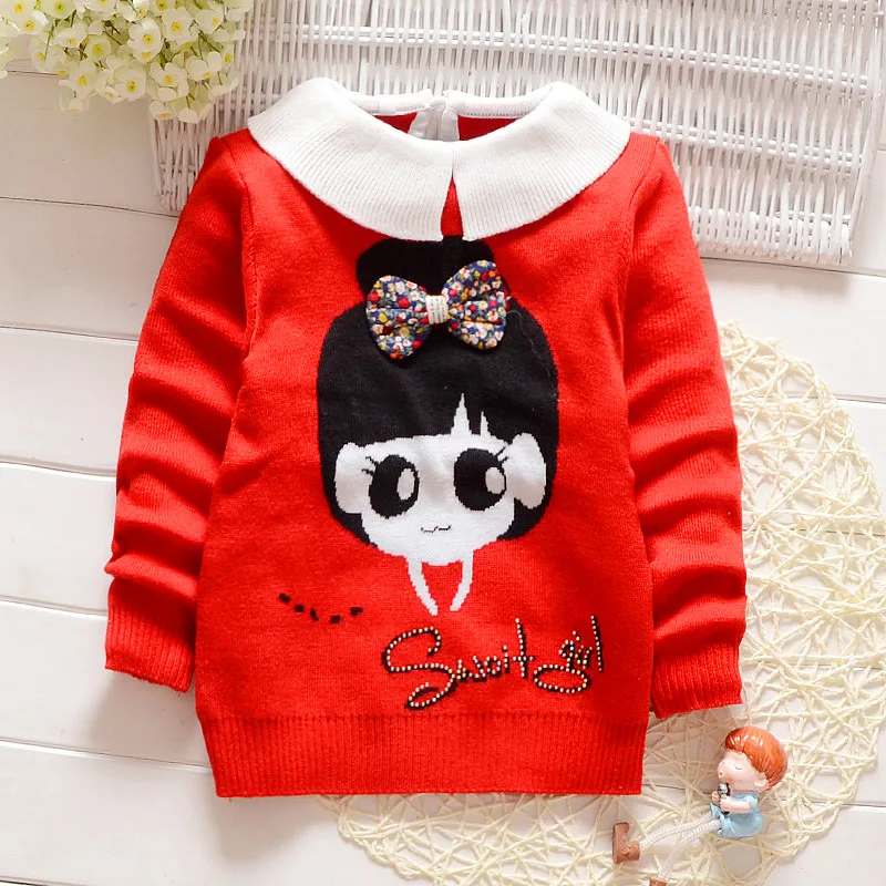 

2016 Spring And Autumn Baby Girls GIRL'S Bow Crew Neck CHILDREN'S Sweater Children Pullover Knit Low Waist Jersey Tops