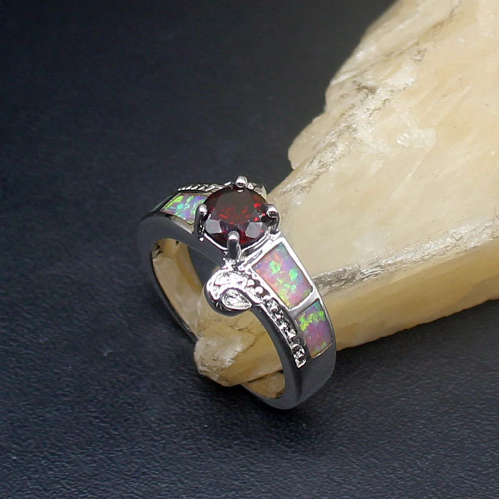 

Hermosa Gemstone Mystical Opal Garnet Genuine 925 Silver Band Ring Wedding Engagement Gifts for Women Size 6.5# 20214421