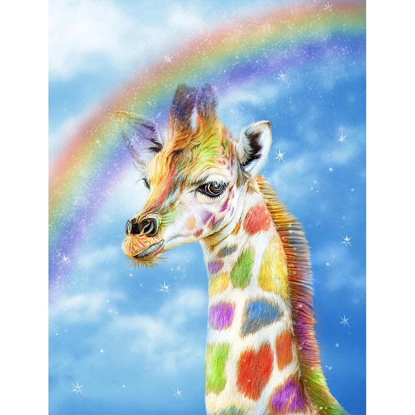 New Diy Sticking Drill Cross Embroidery 5d Oil Painting Style Rainbow Animal Giraffe Diamond Full Round Children Simple | Дом и сад