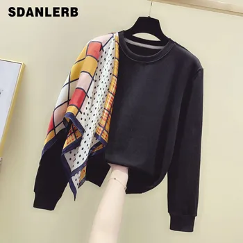 

Silk Scarf Panel Long-Sleeve Sweatshirt Women's 2020 Spring Autumn New Women's O Neck Loose Hoodie Sudadera Mujer Bluzy Damskie