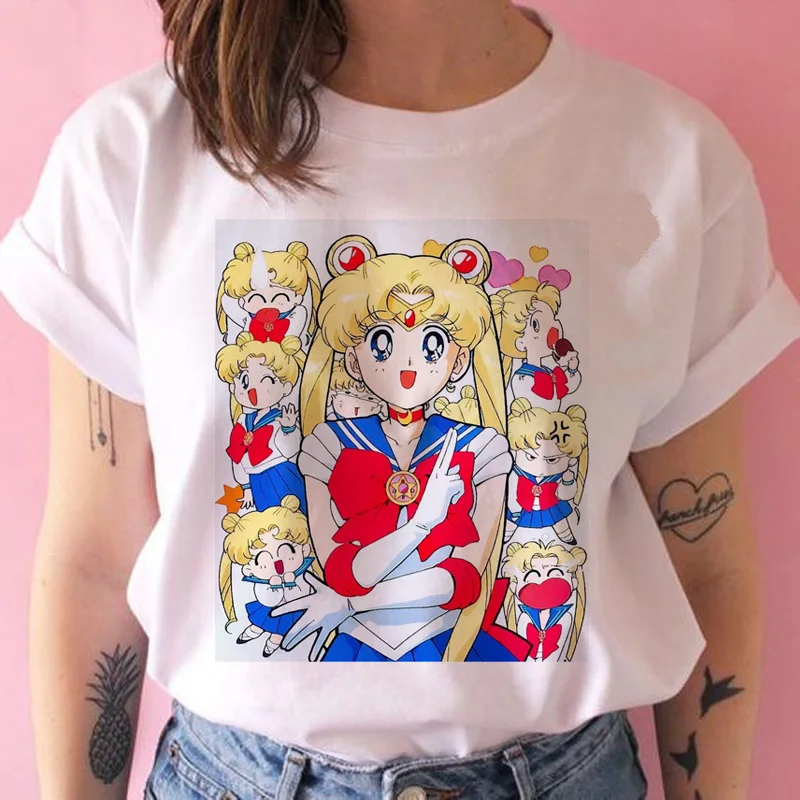 Сейлор Мун футболка Японские Женские harajuku мультфильм футболка Эстетическая kawaii ulzzang 90s футболка Женские топы Футболка с коротким рукавом