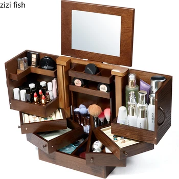 

29 * 21 * 32cm Cosmetics Large Mirror Storage Box Jewelry Storage Box Desktop European Retro Wooden Storage Box Dressing Table