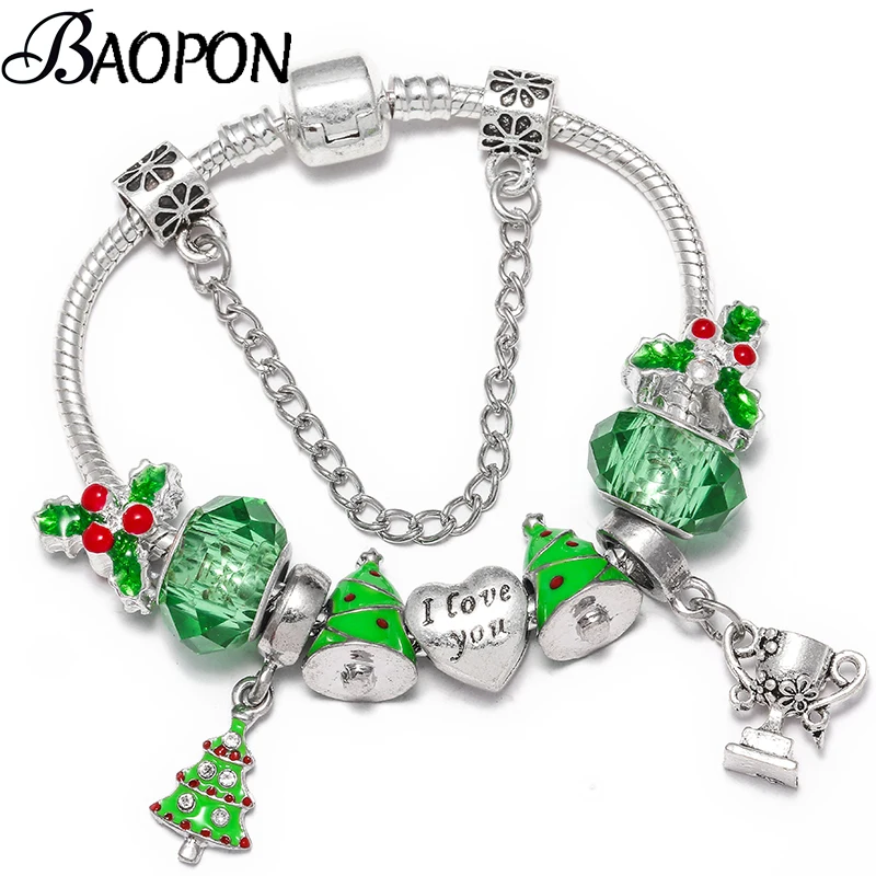 

BAOPON Green Christmas Tree Beads & Dangle Charm Bracelet Fit Fine Bracelets & Bangles For Women Girls Christmas Jewelry Gift
