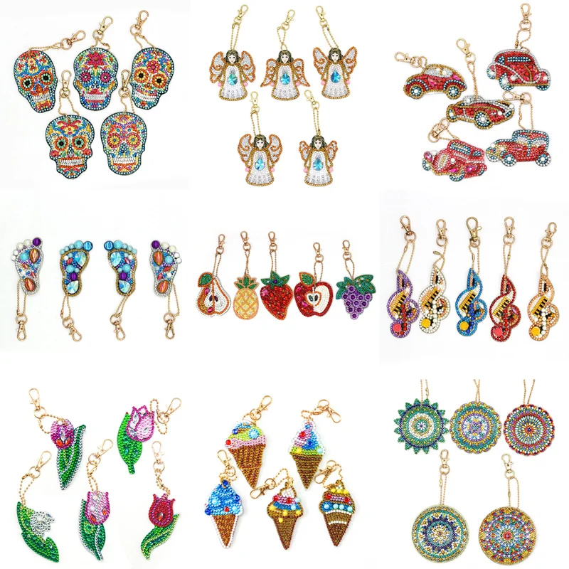 Diamond Painting Keychain Set Cartoon Car Fruit Skull Decor Pendent Full Drill Embroidery Cross Stitch Gift | Дом и сад