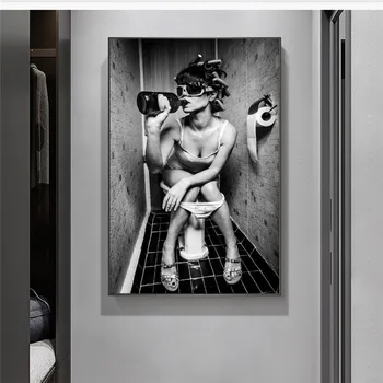 

Sexy Girl Sits In A Toilet Canvas Art Posters and Prints Black and White Canvas Paintings on The Wall Bathroom Cuadro Pictures