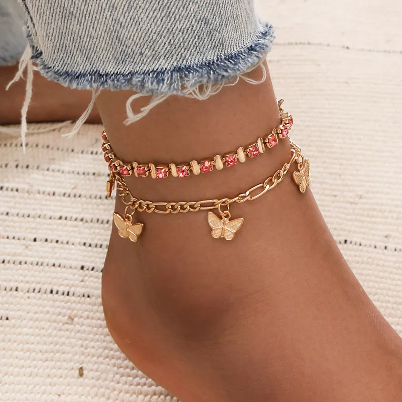 2 Pcs/set Pink Crystal Stone Butterfly Pendant Anklets for Women Geometric Foot Chain Summer Jewelry Gifts 2 Pcs/set Pink Crystal Stone Butterfly Pendant Anklets for Women Geometric Foot Chain Summer Jewelry Gifts