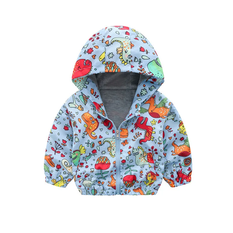 

Spring And Autumn Children Versatile Hooded Raincoat Jacket Men And Women Baby Windproof Coat Cartoon Dinosaur Printed Jacket