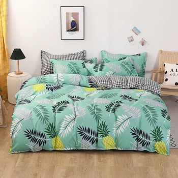 

Green bedding sets,With Pillowcase 210×210 duvet cover Set Pineapple pattern 200×200 Quilt Cover Leaf pattern King bed set，2020
