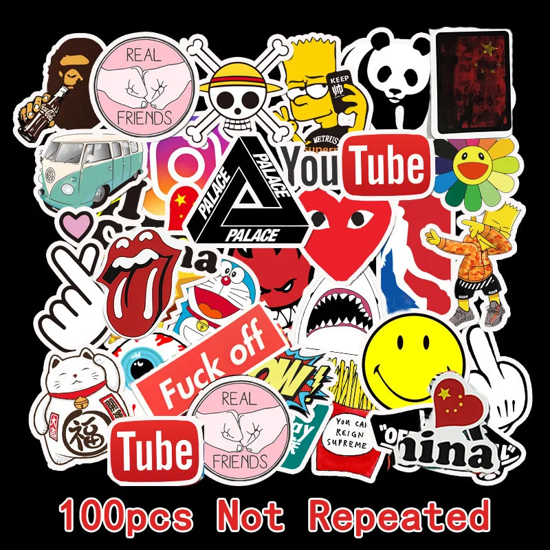 

100PCs PVC Sticker Car Stickers and Decals Tide Brand Logo Decorative Graffiti Motorcycle Sticker Stationery Cute Stickers