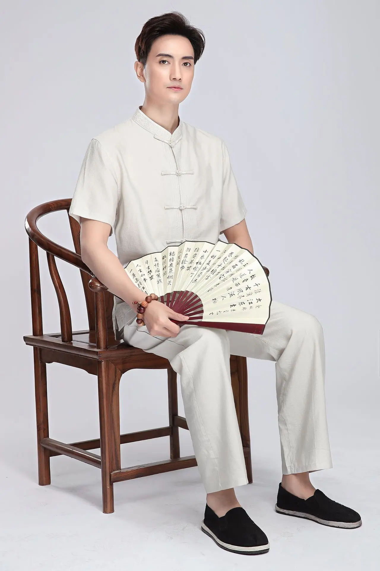 Chinese-style Chinese Style Flax 2816-2 Chinese Costume MEN'S Short Sleeved Tops Middle-aged Short-sleeved Shirt/Set