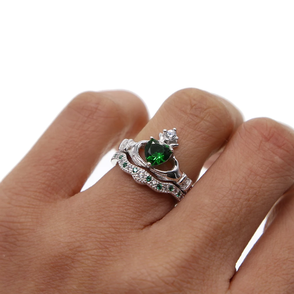 Anillo Claddagh De Plata De Ley 925 Con Corazón Irlandés Con Piedras Verdes CZ (4), Circonita, Zirconia Cúbica : Claddagh Gold