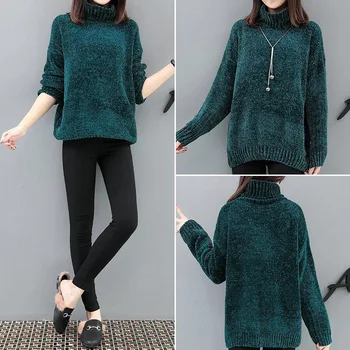 

Chic Chenille Cashmere Wool Women's Sweater Winter Sweaters Oversize Turtleneck Striped Loose Clothing Knitted Jumper Pullover