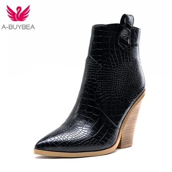 

Women Winter Ankle Boots Square Heels Pu Leather Flock Autumn Bota Feminina Stiletto Mid Heels Boots Ankle Boots for Women