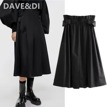 

Dave&Di england style vintage poplin pleated black loose high waist midi skirt women faldas mujer moda 2020 long skirts womens