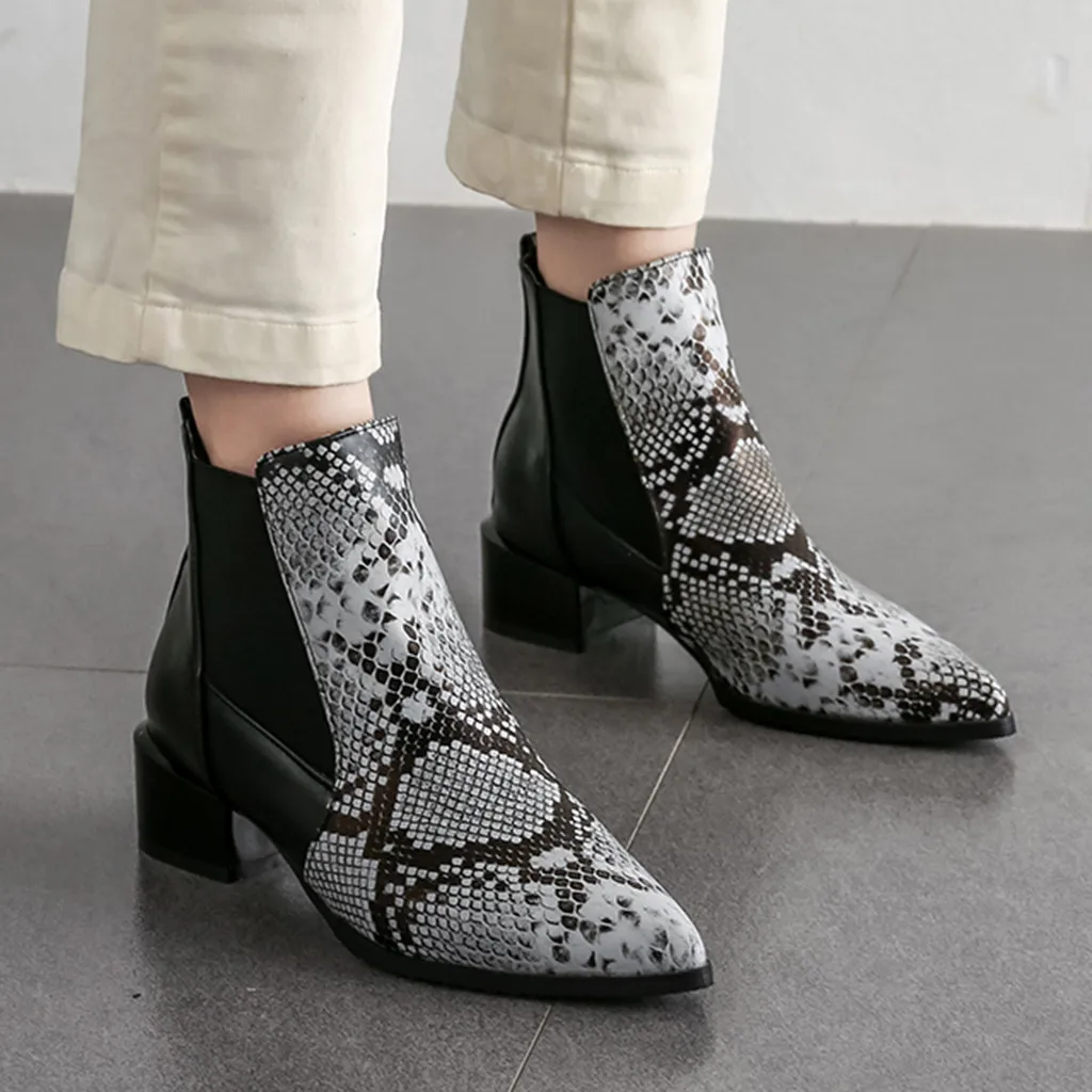 ankle boots heels woman Snake Grain Pointed Toe Slip-Up Boots Square Heels Vintage Women bota infantil para neve#109g25