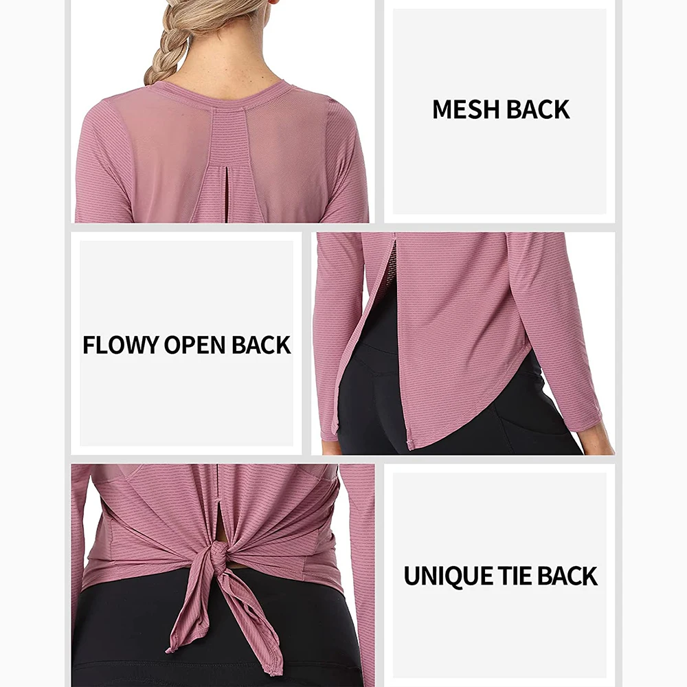 Attraco Long Sleeve Workout Shirts for Women Tie Back Breathable Mesh Yoga Tops