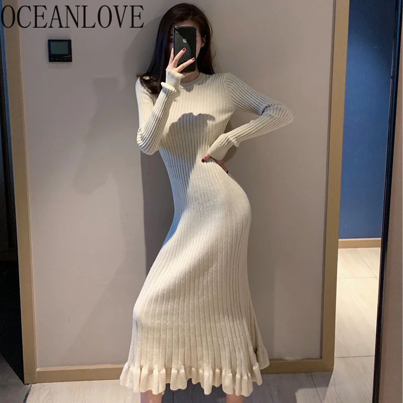 Женское трикотажное платье-свитер OCEANLOVE однотонное теплое облегающее с оборками