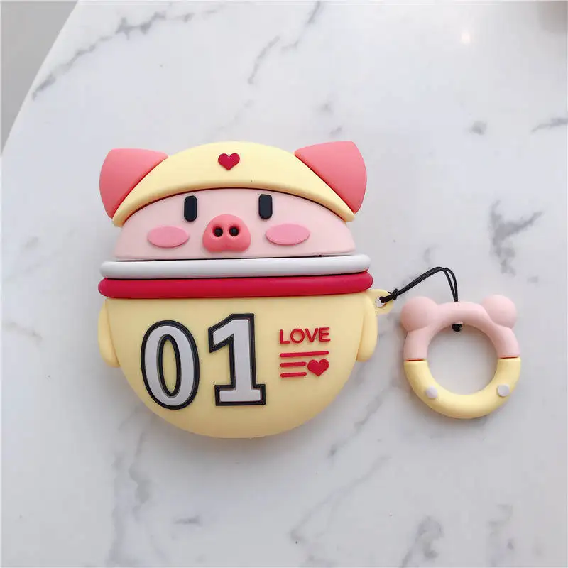 Милый мультфильм Свинья медведь; цыпленок Earpods чехол для Apple Airpods 1 2 Kawaii беспроводные наушники Защитная крышка с палец кольцо ремень - Цвет: B