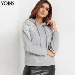 YOINS 2019 осень зима женские толстовки Толстовка кружевной пуловер с длинным рукавом с капюшоном толстовки женские повседневные пальто