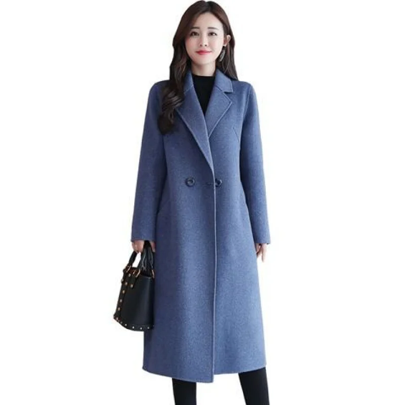 Women Woolen Coat Autumn Winter New Double-breasted Long Sleeve Loose Coats Turn-Down Collar Outwear Plus Size S~3XL - Color: 2