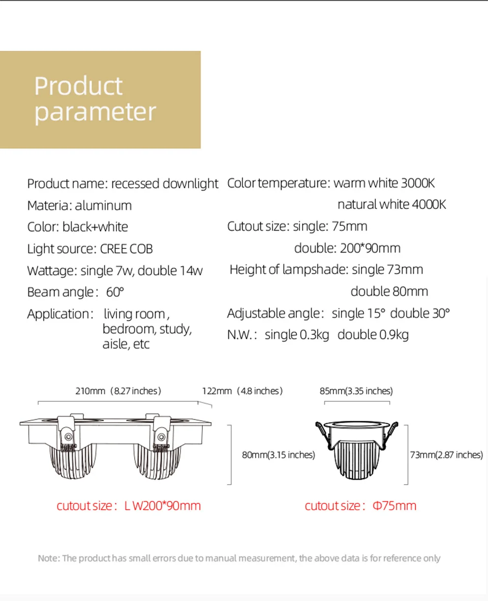 Aisilan Single/Double Head LED Recessed Ceiling Downlight 14W 7W LED Spot lighting Anti-Glare COB Spot light Indoor Lighting bedside wall lights