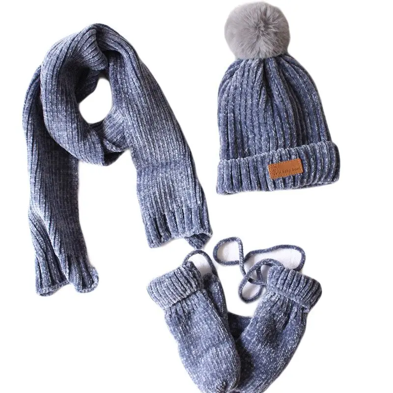 Вязаная шапка с помпоном для маленьких мальчиков и девочек, шарф, перчатки, комплект из 3 предметов, вязаная шапка в рубчик с манжетами, детская зимняя теплая спортивная одежда для улицы - Цвет: 6EE703032-LG