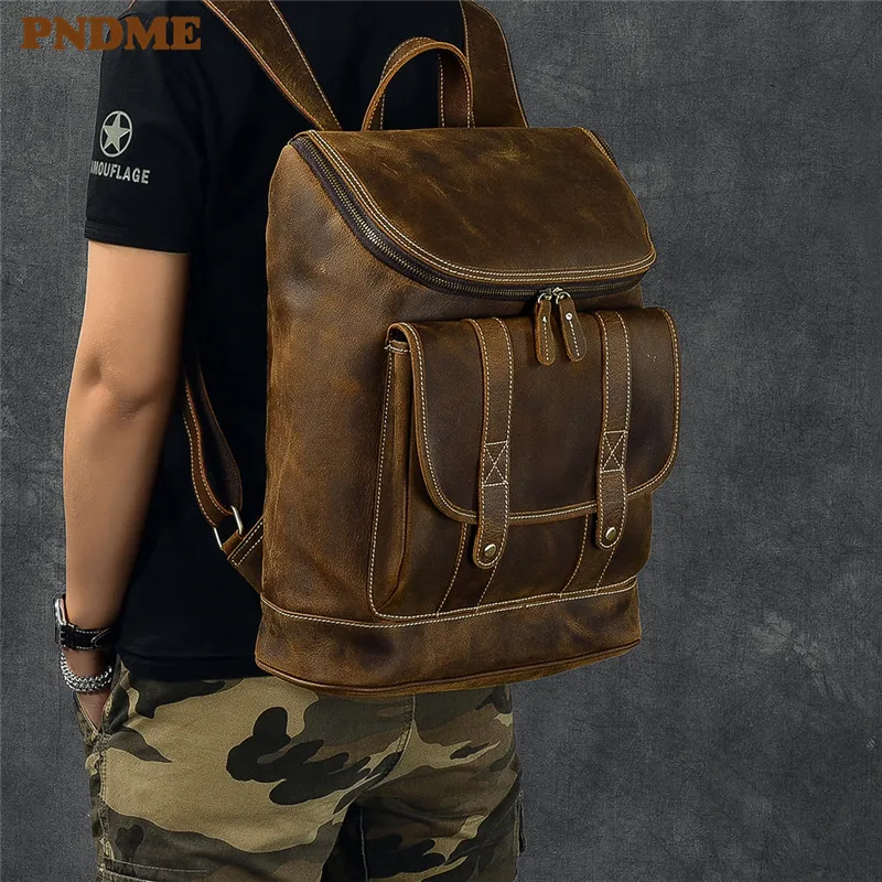 

PNDME large capacity crazy horse cowhide men's backpack genuine leather travel bagpack vintage luxury laptop bookbags for teens