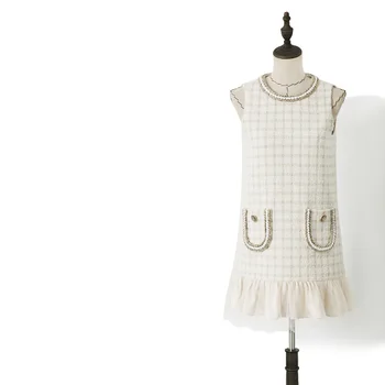 

2020 spring fall Women Plaid Tweed Mini Dresses o-neck Sleeveless mesh ruffles hem Elegant Celebrity woolen Dress y611