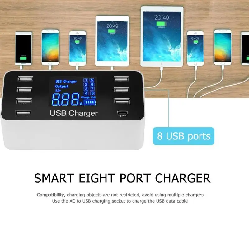 8 портов USB адаптер ЖК дисплей 7 PD зарядный концентратор разветвитель с кабелем