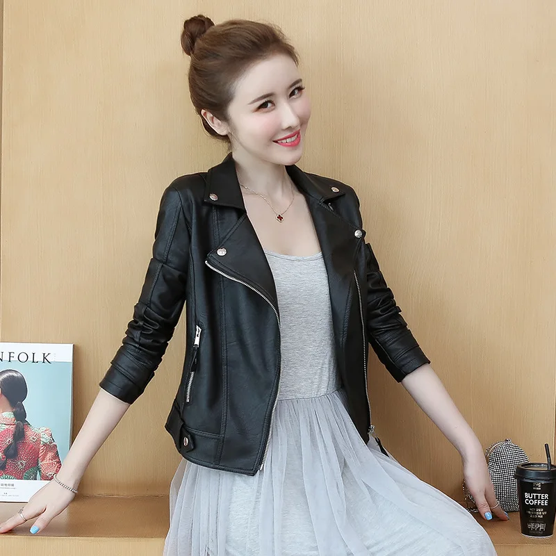 

2019 Spring And Autumn New Style PU Leather Women's Small Coat Short Locomotive Black And White with Pattern Casual Slimming Sli