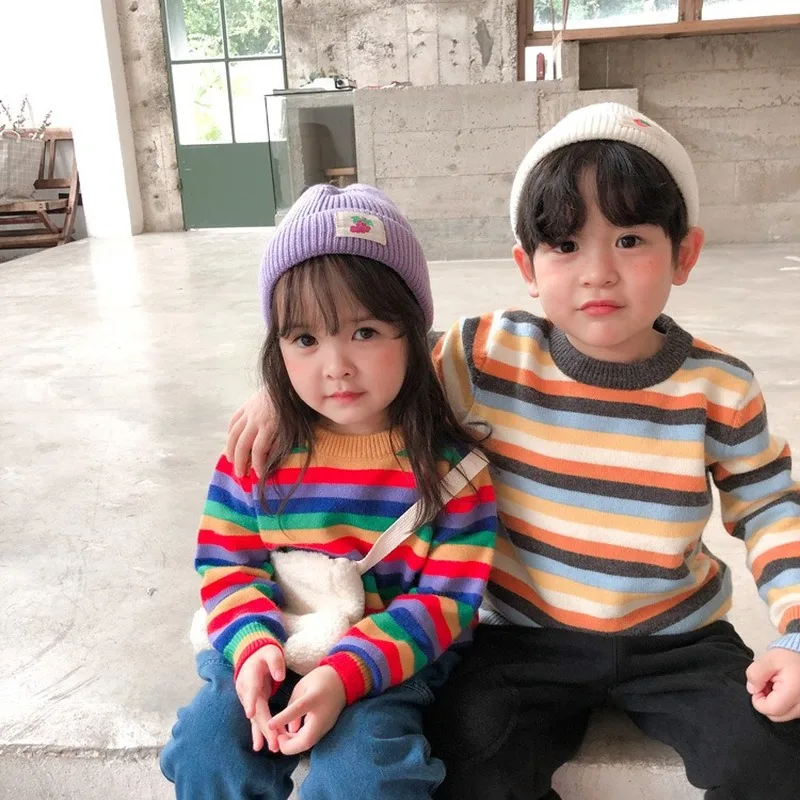 

Korean children's striped rainbow children's sweater autumn winter 2019 girl boy sweater baby girl winter clothes kids sweaters