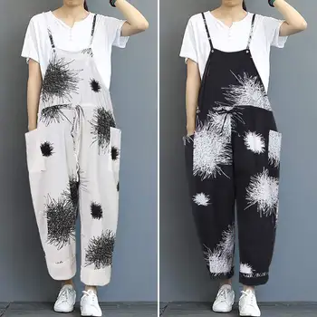 

ZANZEA 2020 Vintage Printed Jumpsuits WomenCotton Long Suspender Overalls Wide Leg Long Playsuits Combinaison Rompers Long Mono