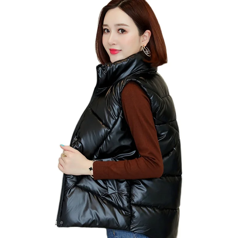 

Lingwave Winter Plus Size S-3XL Stand Collar Short Women Vests Cotton Padded Jacket Sleeveless Female Shinny Black Waistcoat