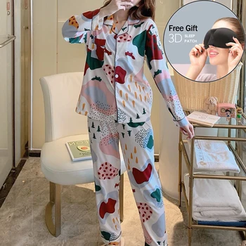 

Autumn Women's Pajamas Sets with Flower Print Fashion Luxury Female Faux Silk Two Pieces Shirts + Pants Nighties Sleepwear