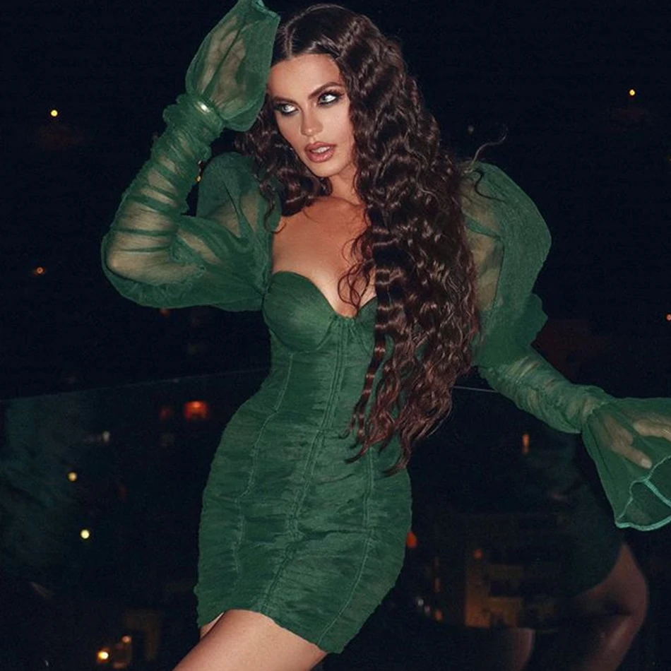 Ailigou2019, Осеннее Новое Женское Сетчатое мини-платье, вечерние платья знаменитостей, сексуальное облегающее платье с длинным рукавом и v-образным вырезом, открытое зеленое платье Vestidos
