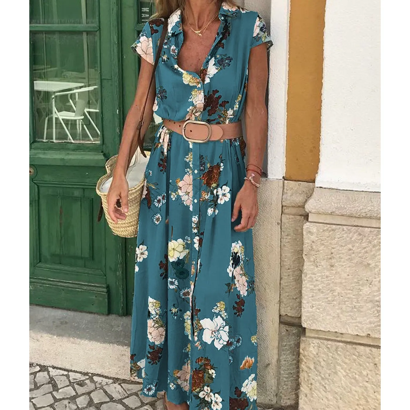 

Women Bohemian Floral Print Maxi Dress Empire Vintage Lapel Short Sleeve Sashes Long Beach Sundress A-Line Summer Dresses