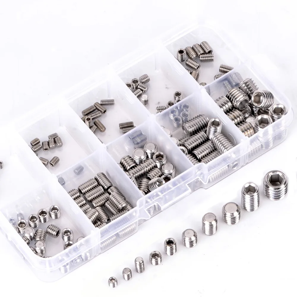 200Pcs M3M8 Stainles Steel Hex Socket Set Screw Grub Screws Assortment