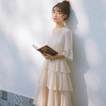 

COIGARSAM Polka Dot Women dress Chiffon Dresses Rice White 339