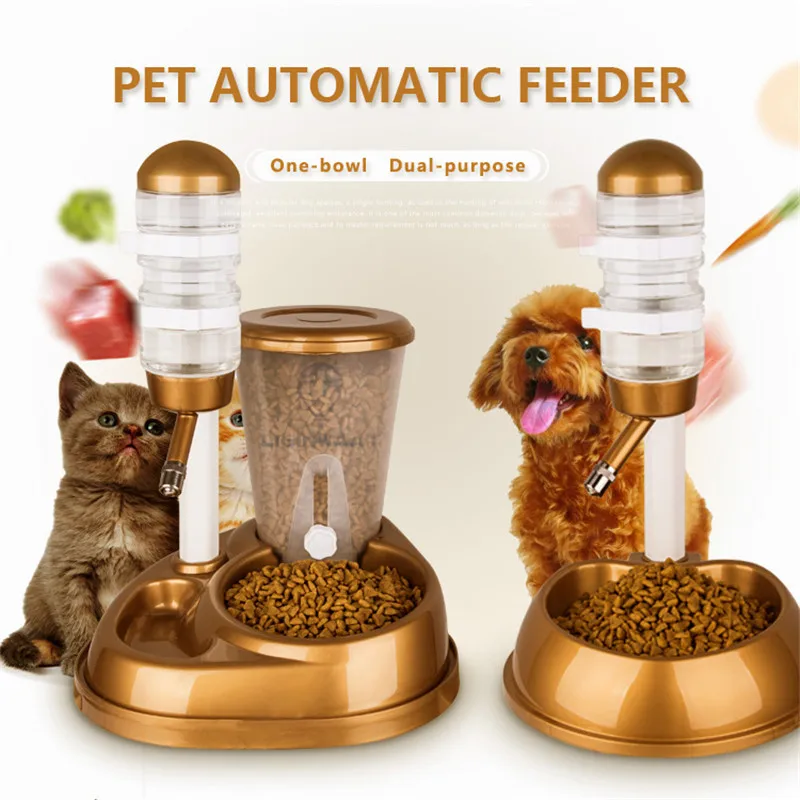 Dual-Use Pet Cat Dog Automatic Feeder with Water Fountain Large Capacity Food Bucket and Water Bottle Dispenser for Dog Cat