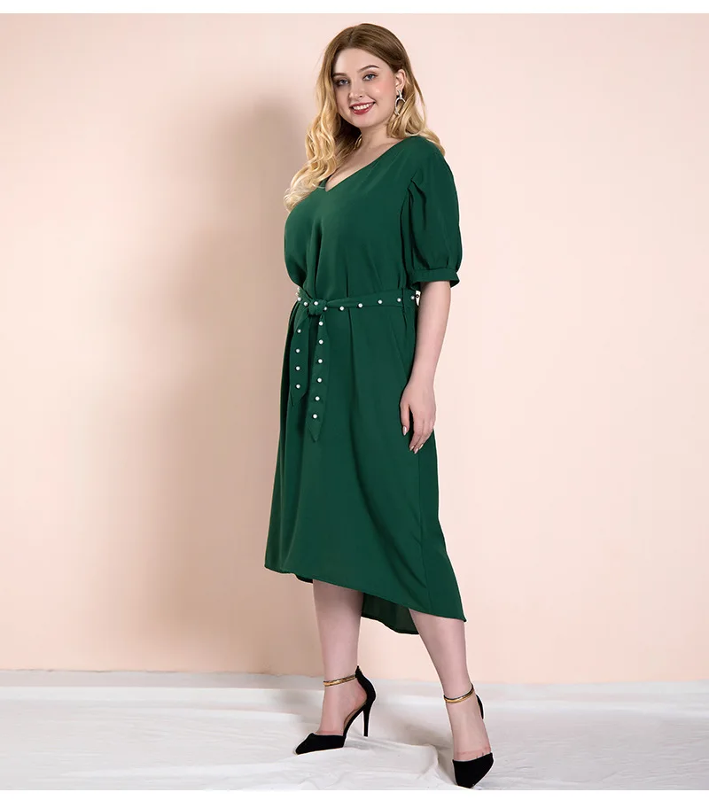 Женское летнее длинное платье размера плюс для женщин, большие свободные повседневные Прямые Платья с коротким рукавом и v-образным вырезом, зеленый пояс, 4XL 5XL 6XL 7XL