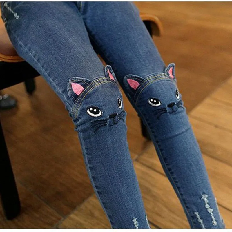 Весна-Осень, джинсы для девочек, детская одежда, детские джинсы с вышивкой в виде кота, для детей 2-От 3 до 12 лет
