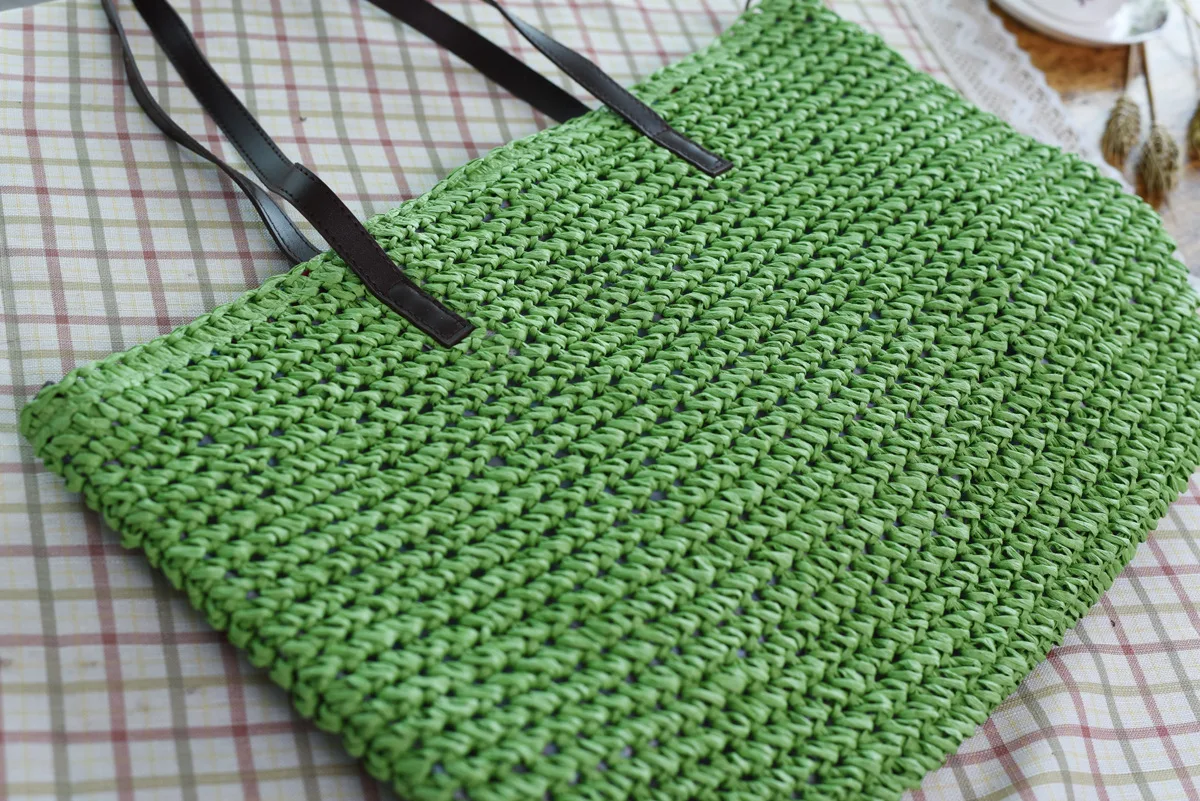 Oversized Straw Beach Bags for Summer 2021 with Leather Strap, in Green Colour