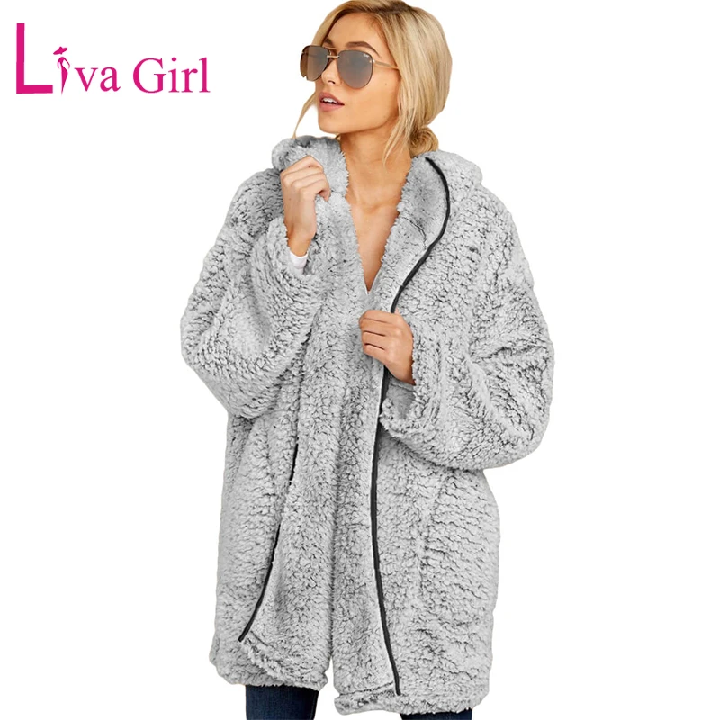 

LIVA GIRL Gray/Brown Warm Plus Size Coat with Pockets and Hat Women Winter Solid Jackets Open Front Long Sleeve Oversized Coats