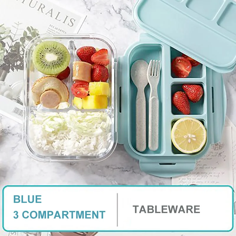 MICCK Ланч-бокс для детей стеклянный микроволновый порционная коробка Bento для хранения еды контейнер и отсек для хранения школы герметичная кухня с подогревом - Цвет: Blue 3 compartment